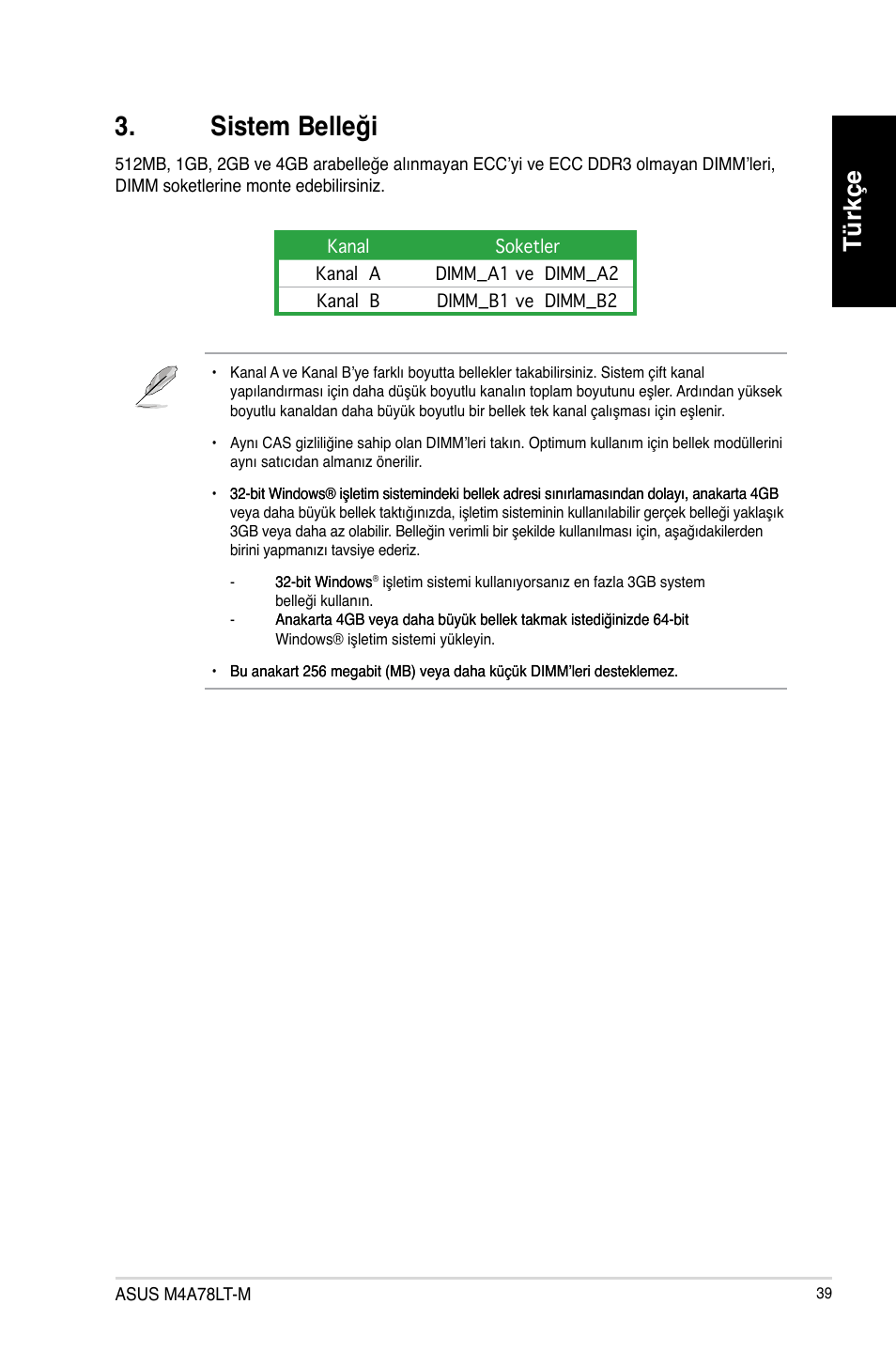 Sistem belleği, Türkçe | Asus M4A78LT-M User Manual | Page 39 / 42