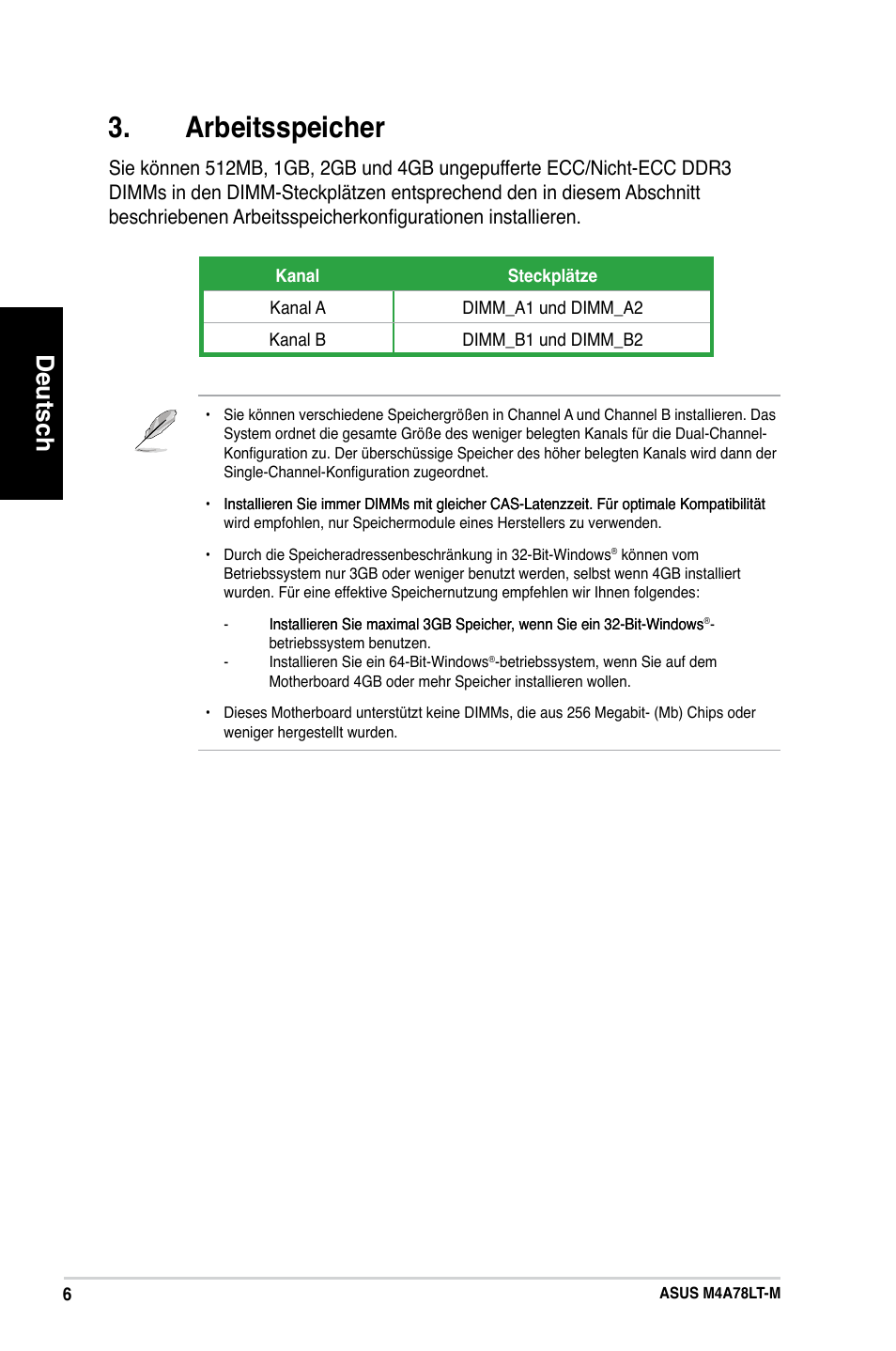 Arbeitsspeicher, Deutsch | Asus M4A78LT-M User Manual | Page 6 / 42