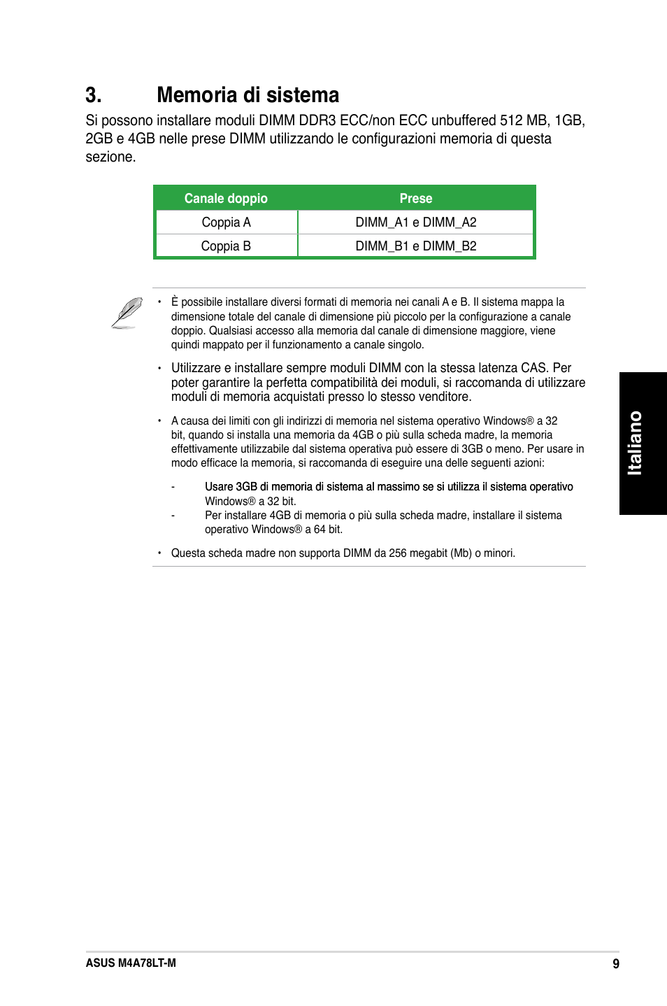 Italiano | Asus M4A78LT-M User Manual | Page 9 / 42