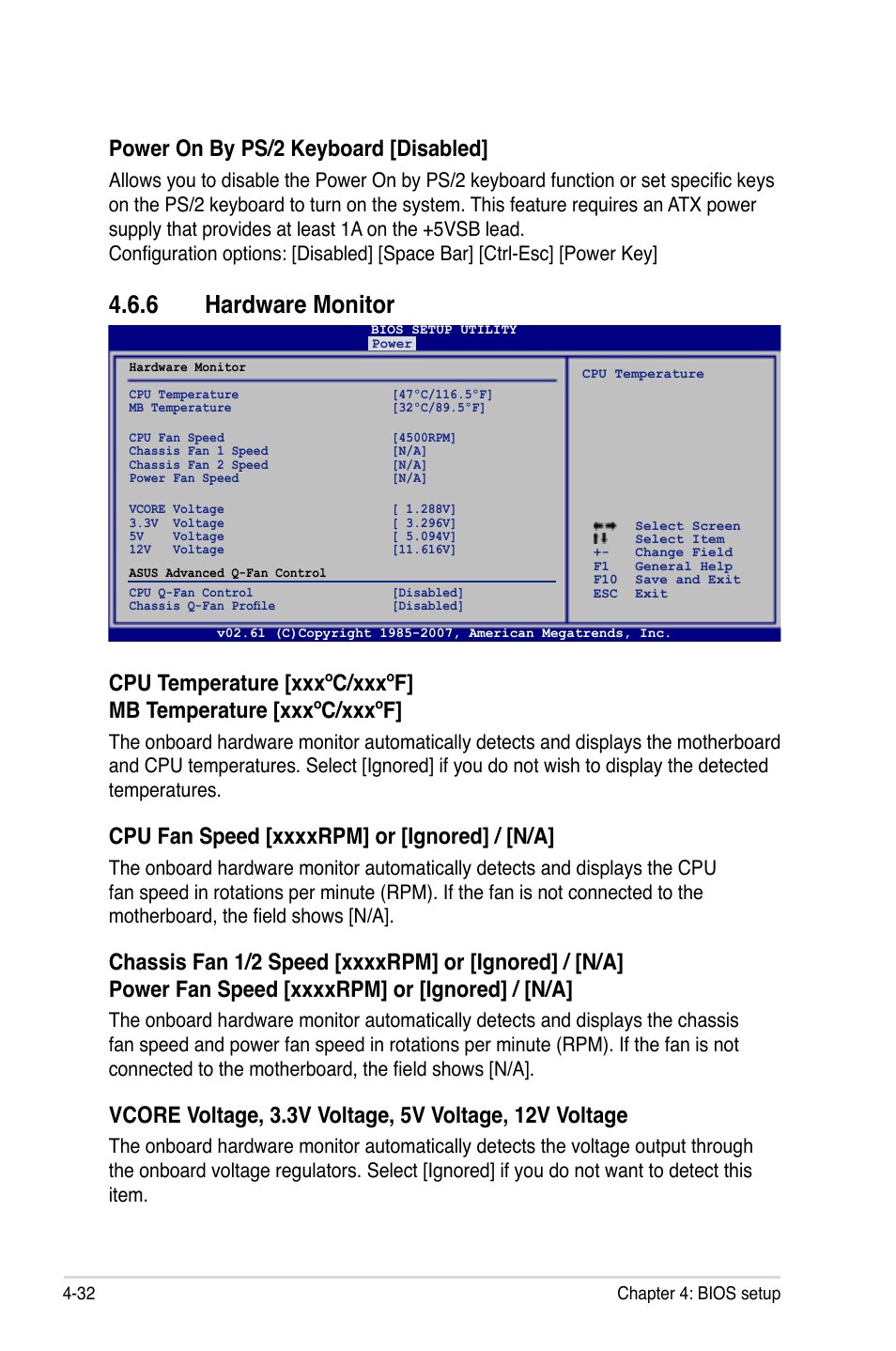 6 hardware monitor, Power on by ps/2 keyboard [disabled | Asus P5E3 WS Professional User Manual | Page 100 / 172