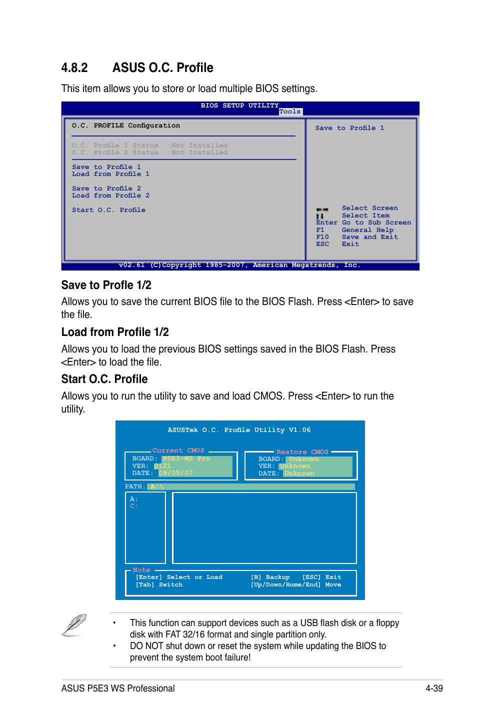 2 asus o.c. profile, Save to profle 1/2, Load from profile 1/2 | Start o.c. profile | Asus P5E3 WS Professional User Manual | Page 107 / 172