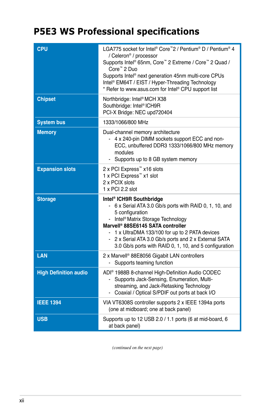 P5e3 ws professional specifications | Asus P5E3 WS Professional User Manual | Page 12 / 172