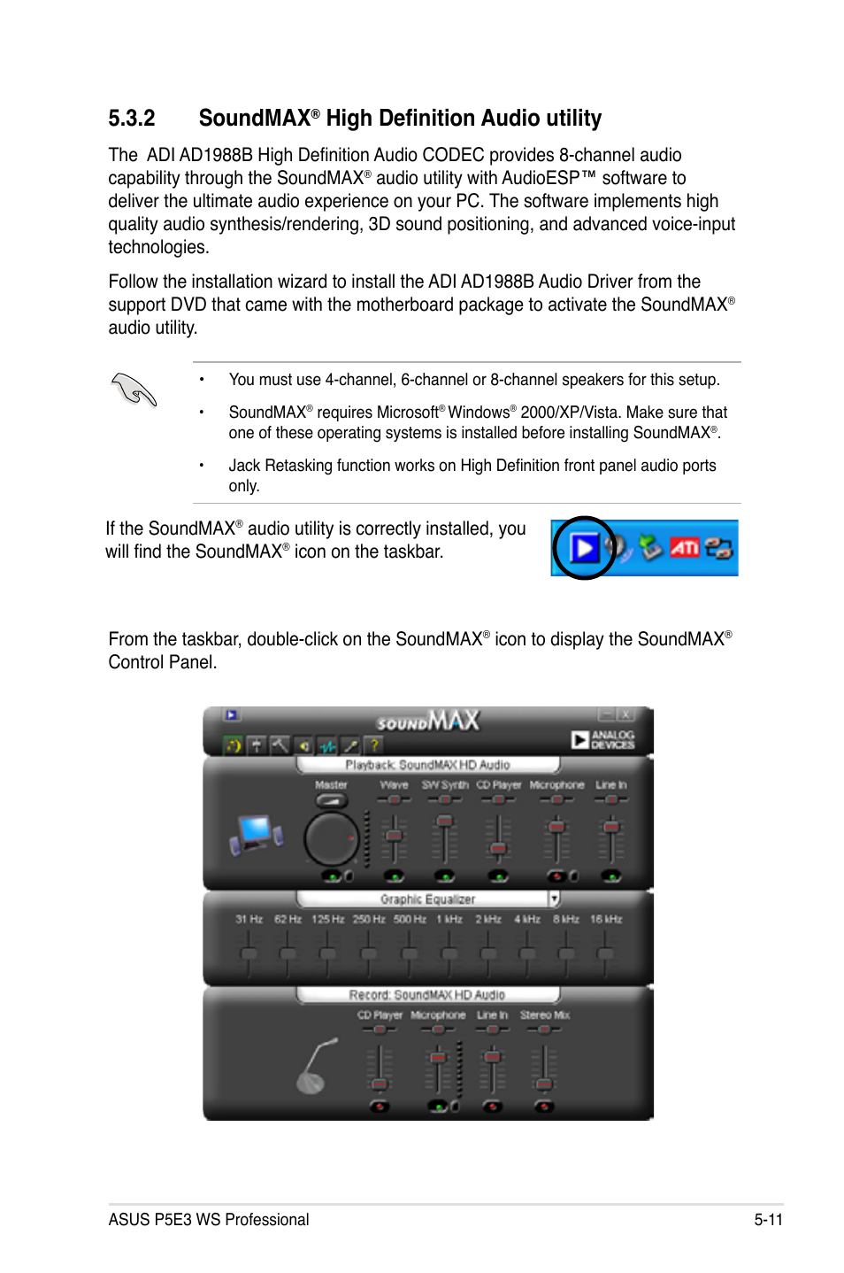 2 soundmax, High definition audio utility | Asus P5E3 WS Professional User Manual | Page 123 / 172