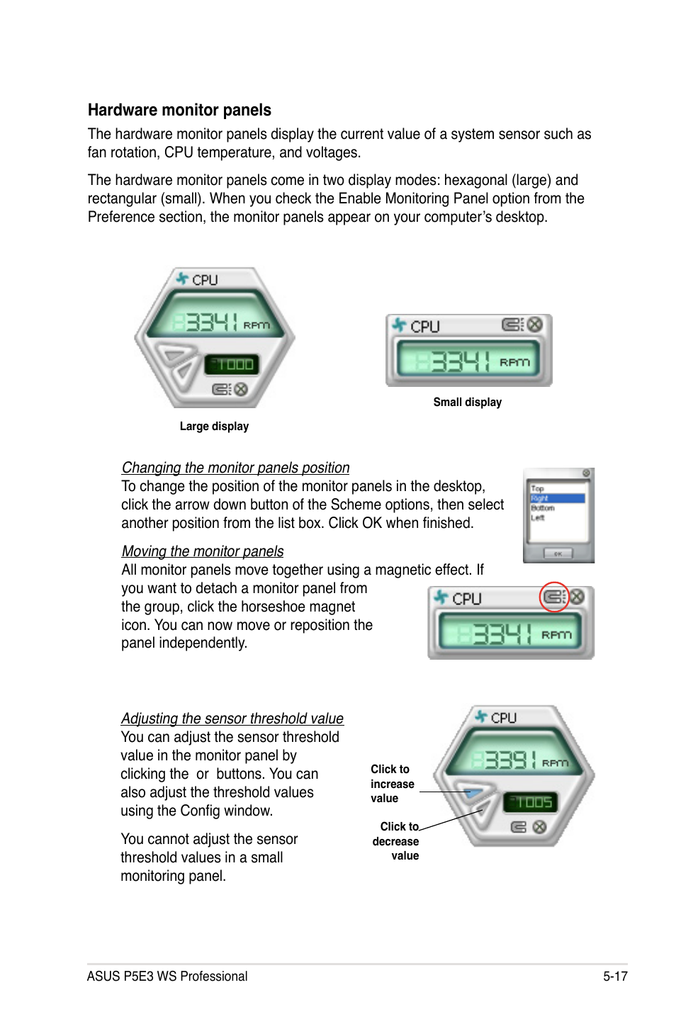 Hardware monitor panels | Asus P5E3 WS Professional User Manual | Page 129 / 172