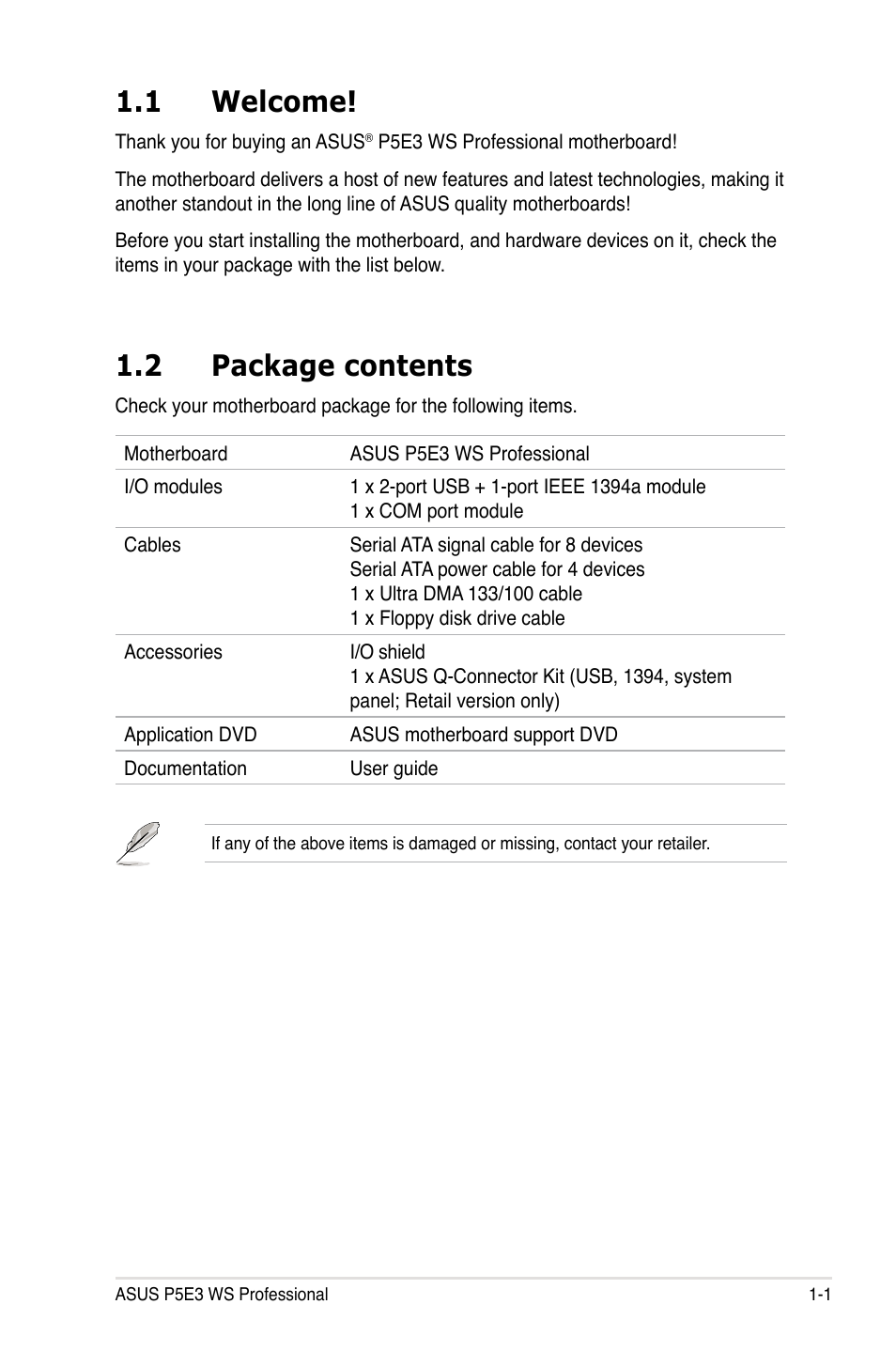 1 welcome, 2 package contents | Asus P5E3 WS Professional User Manual | Page 17 / 172