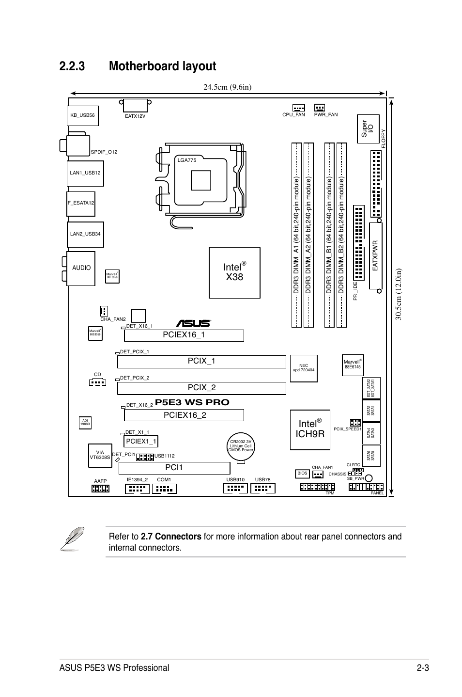 3 motherboard layout, Intel, Ich9r | Asus p5e3 ws professional 2-3, P5e3 ws pro, Pciex16_1 pci1, Pcix_1, Pcix_2 pciex16_2 | Asus P5E3 WS Professional User Manual | Page 29 / 172