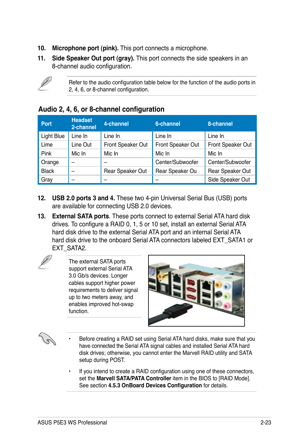 Audio 2, 4, 6, or 8-channel configuration | Asus P5E3 WS Professional User Manual | Page 49 / 172