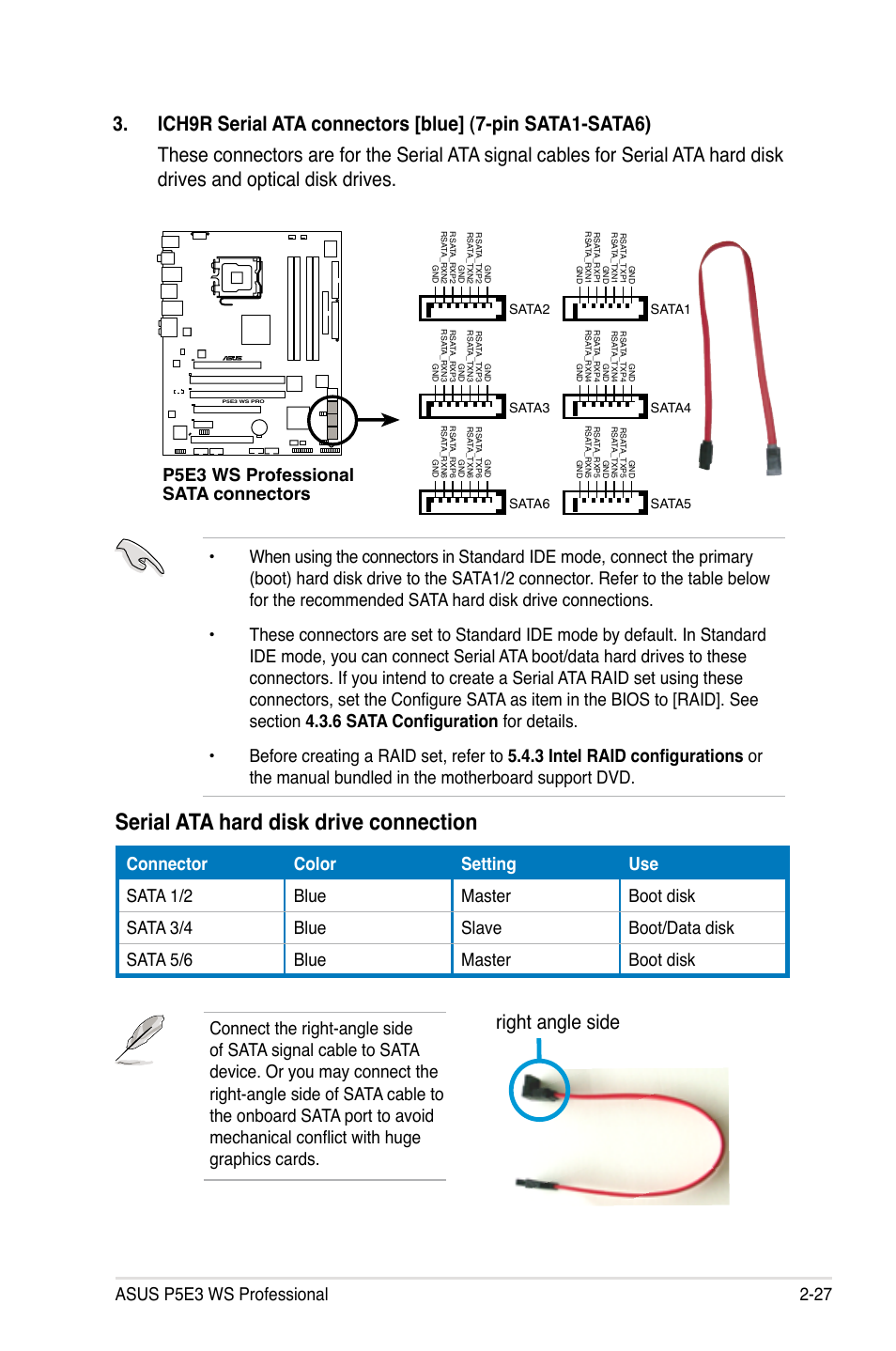 Serial ata hard disk drive connection, Right angle side, P5e3 ws professional sata connectors | P5b sata connectors, Sata2 sata1, Sata3 sata4, Sata6 sata5 | Asus P5E3 WS Professional User Manual | Page 53 / 172