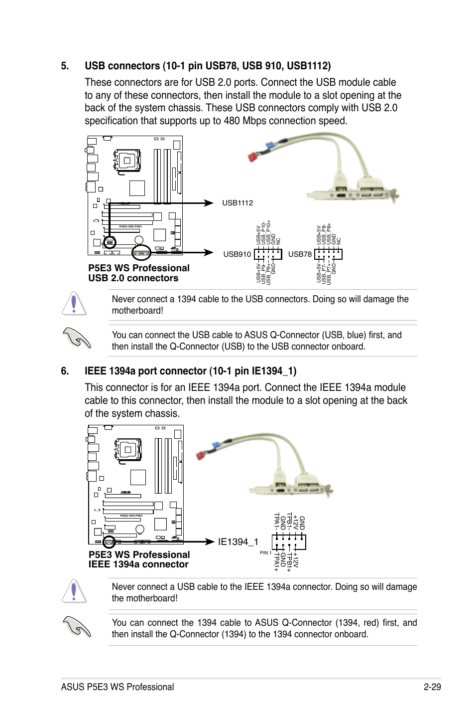 P5e3 ws professional usb 2.0 connectors | Asus P5E3 WS Professional User Manual | Page 55 / 172