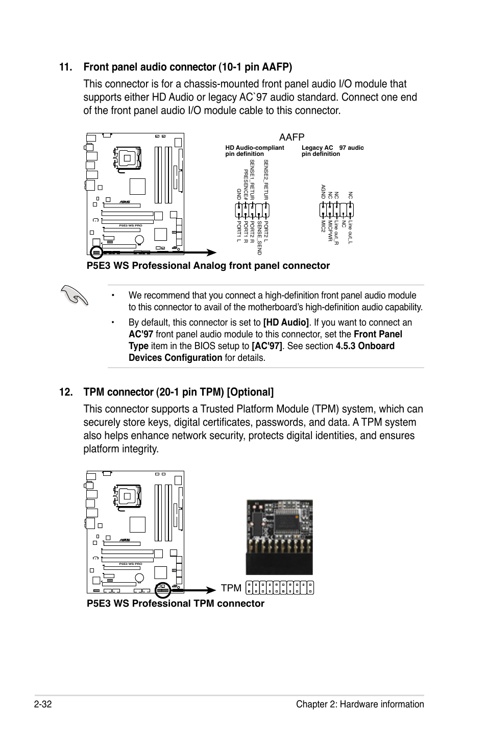 32 chapter 2: hardware information, P5e3 ws professional tpm connector tpm | Asus P5E3 WS Professional User Manual | Page 58 / 172