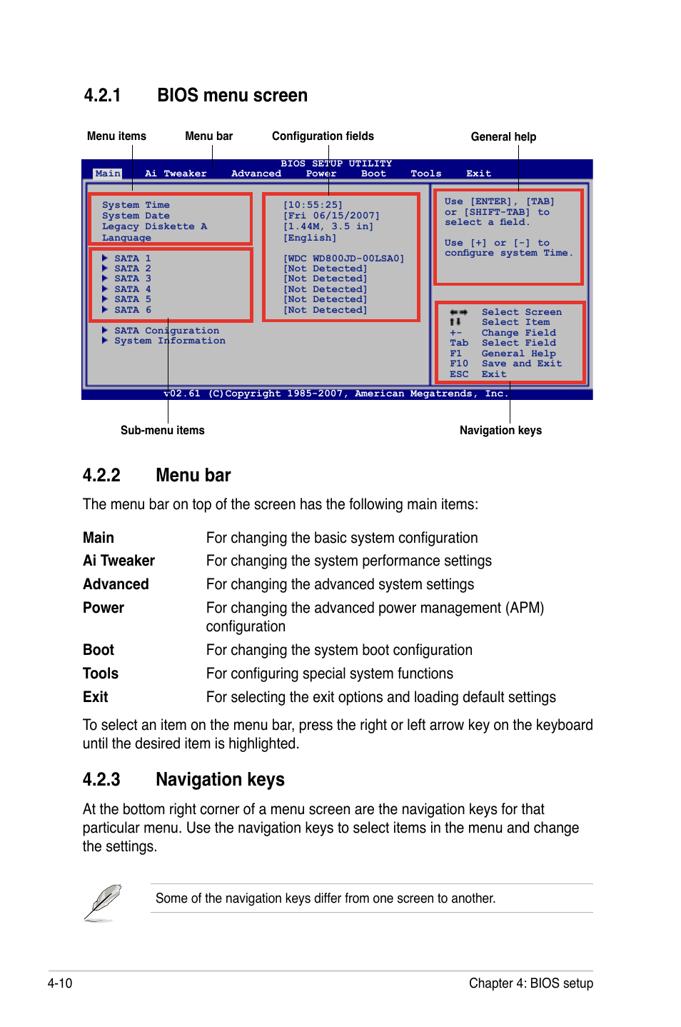 2 menu bar, 3 navigation keys, 1 bios menu screen | Asus P5E3 WS Professional User Manual | Page 78 / 172