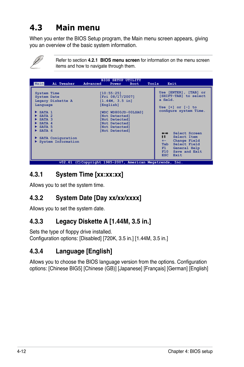 3 main menu, 1 system time [xx:xx:xx, 4 language [english | Allows you to set the system time, Allows you to set the system date | Asus P5E3 WS Professional User Manual | Page 80 / 172