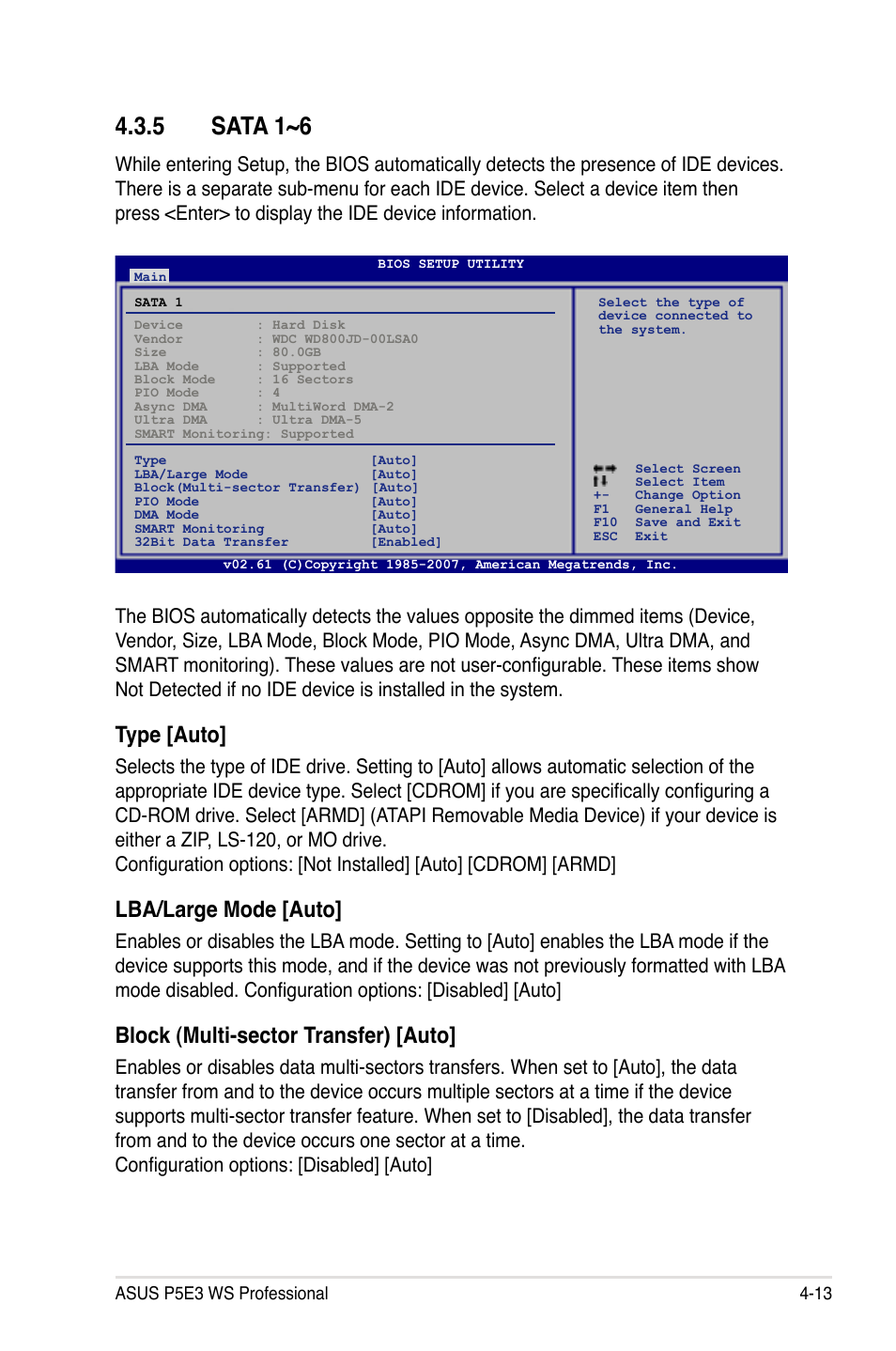 5 sata 1~6, Type [auto, Lba/large mode [auto | Block (multi-sector transfer) [auto | Asus P5E3 WS Professional User Manual | Page 81 / 172