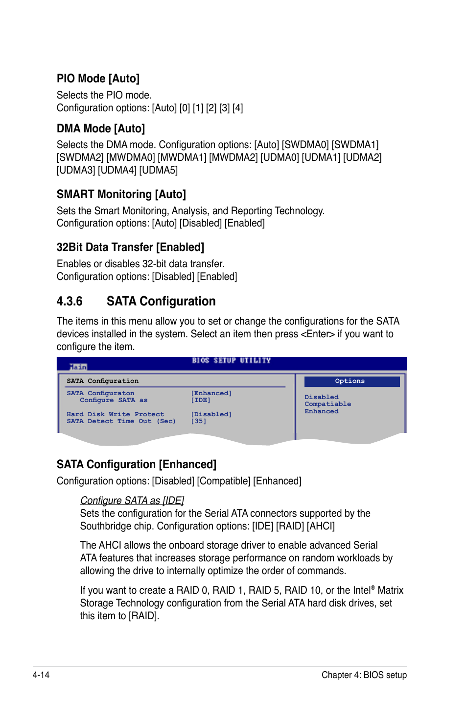 6 sata configuration, Pio mode [auto, Dma mode [auto | Smart monitoring [auto, 32bit data transfer [enabled, Sata configuration [enhanced | Asus P5E3 WS Professional User Manual | Page 82 / 172