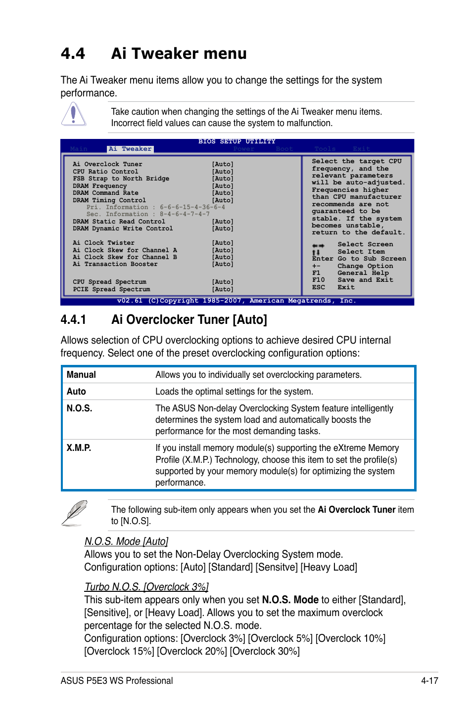 4 ai tweaker menu, 1 ai overclocker tuner [auto | Asus P5E3 WS Professional User Manual | Page 85 / 172