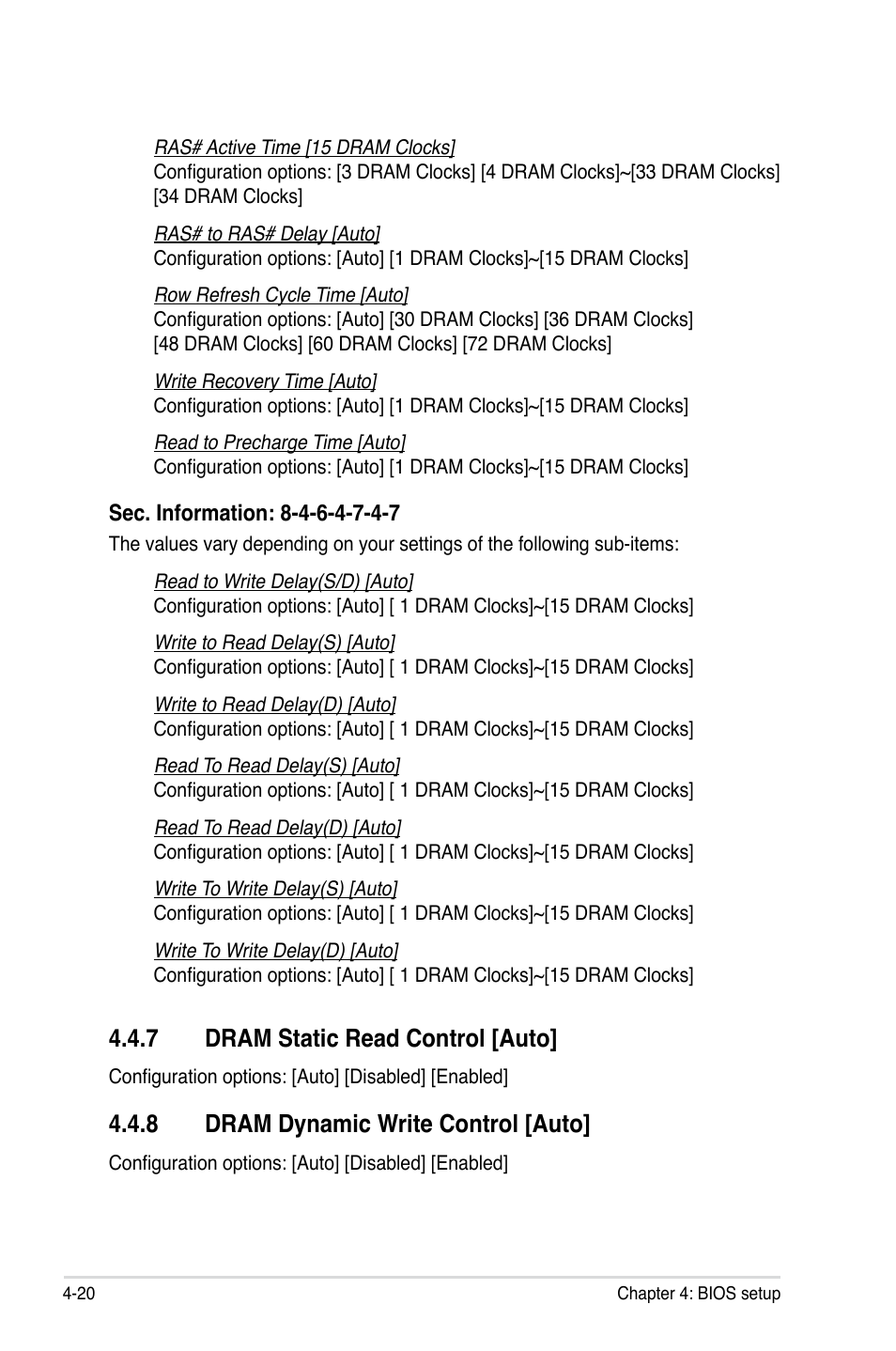 7 dram static read control [auto, 8 dram dynamic write control [auto | Asus P5E3 WS Professional User Manual | Page 88 / 172