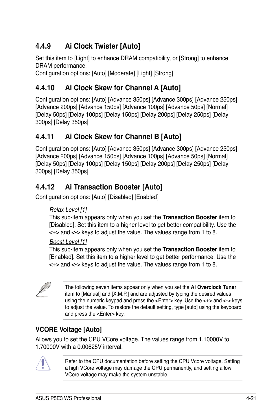 9 ai clock twister [auto, 10 ai clock skew for channel a [auto, 11 ai clock skew for channel b [auto | 12 ai transaction booster [auto | Asus P5E3 WS Professional User Manual | Page 89 / 172