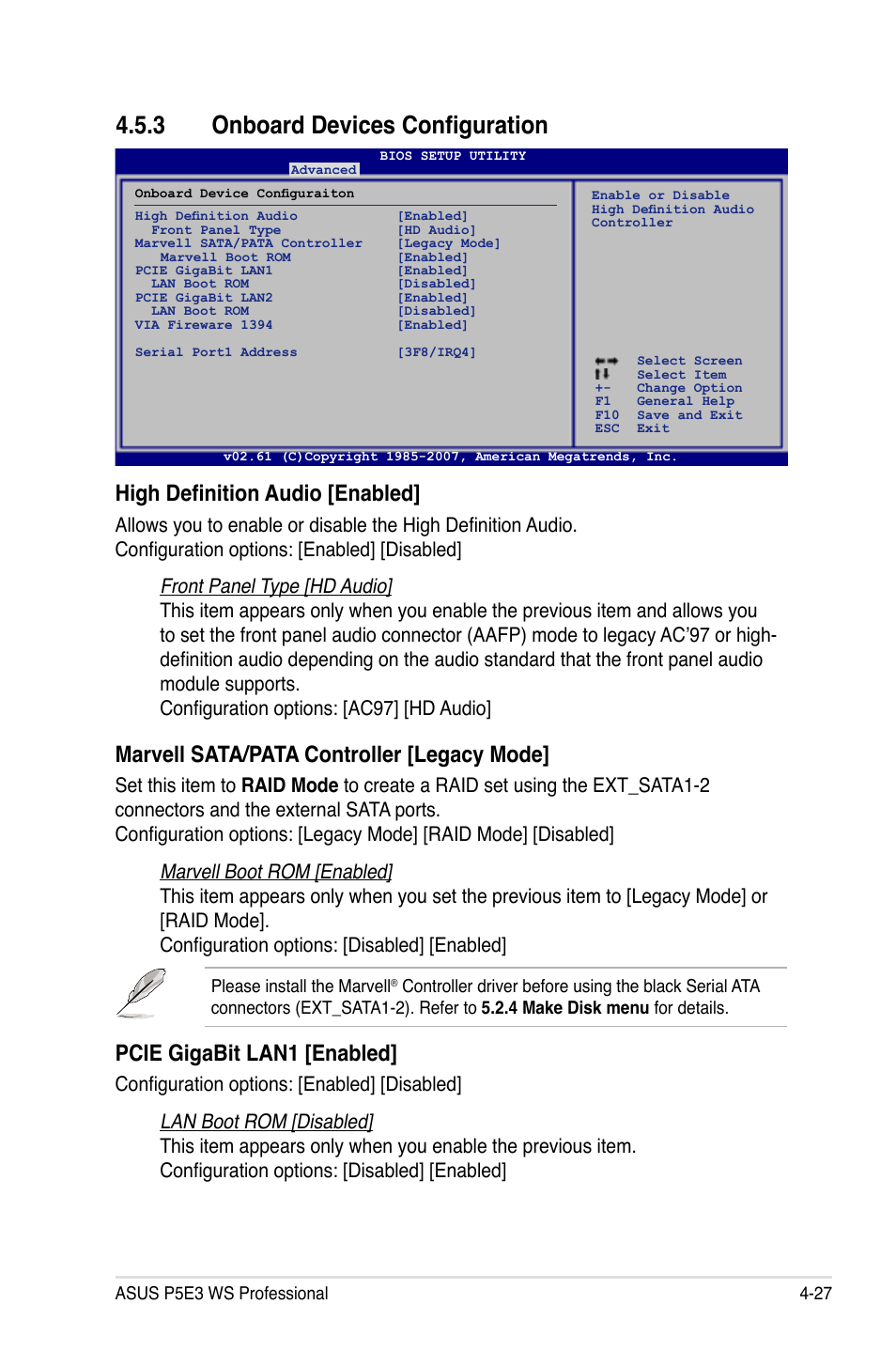 3 onboard devices configuration, High definition audio [enabled, Marvell sata/pata controller [legacy mode | Pcie gigabit lan1 [enabled | Asus P5E3 WS Professional User Manual | Page 95 / 172