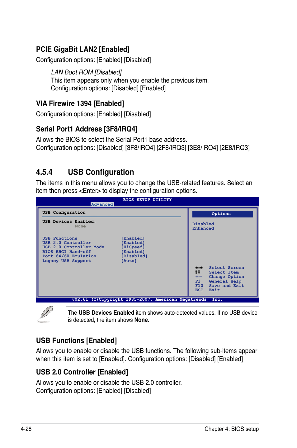 4 usb configuration, Pcie gigabit lan2 [enabled, Via firewire 1394 [enabled | Serial port1 address [3f8/irq4, Usb functions [enabled, Usb 2.0 controller [enabled, Configuration options: [enabled] [disabled | Asus P5E3 WS Professional User Manual | Page 96 / 172