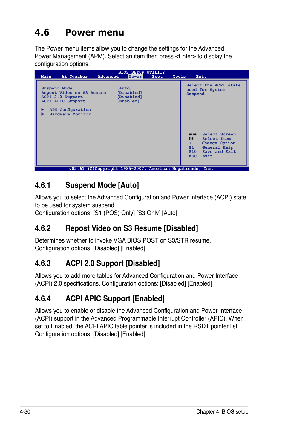 6 power menu, 1 suspend mode [auto, 2 repost video on s3 resume [disabled | 3 acpi 2.0 support [disabled, 4 acpi apic support [enabled | Asus P5E3 WS Professional User Manual | Page 98 / 172