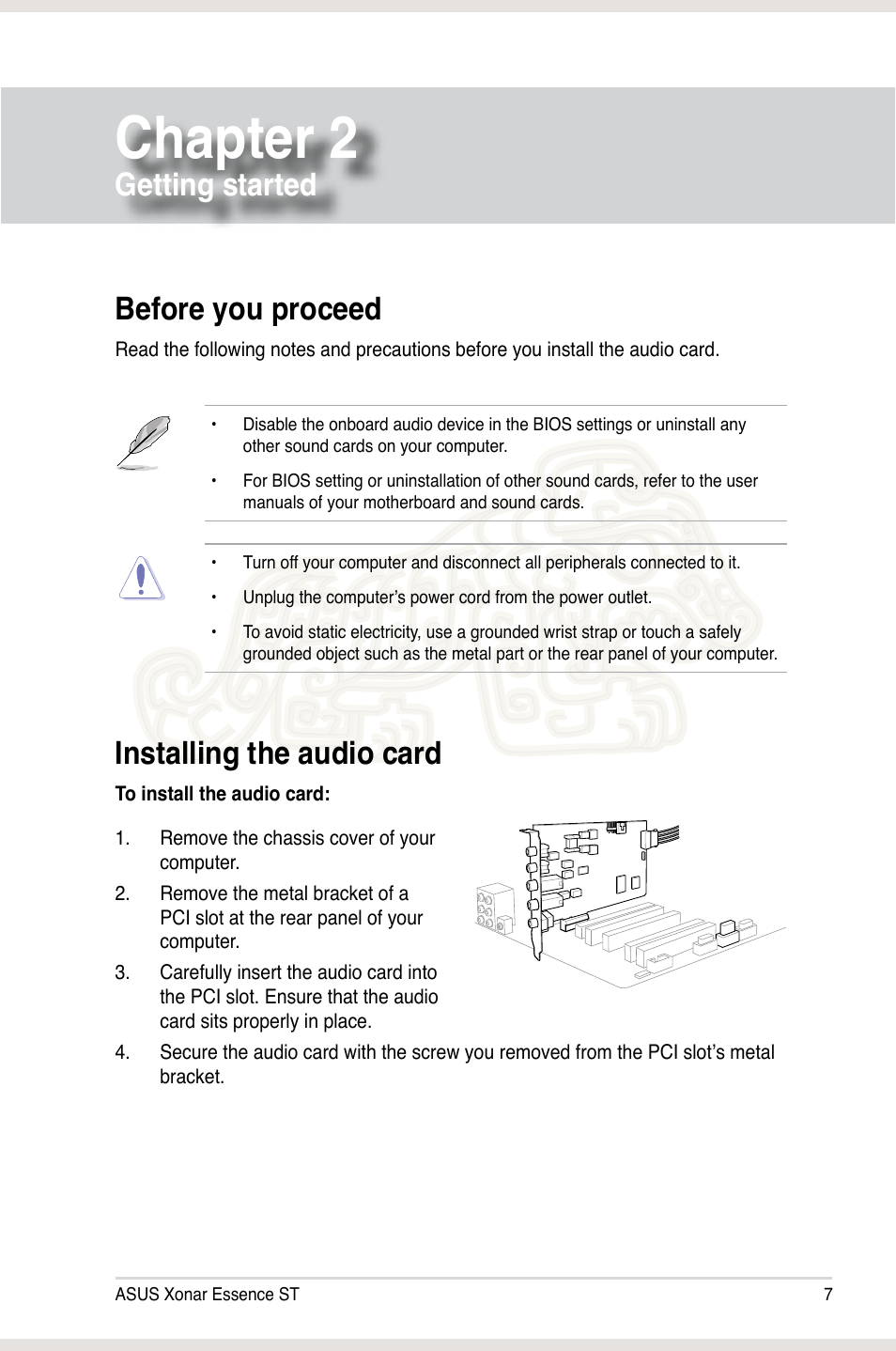 Chapter 2: getting started, Before you proceed, Installing the audio card | Chapter 2, Before you proceed installing the audio card, Getting started | Asus Xonar Essence ST User Manual | Page 14 / 53