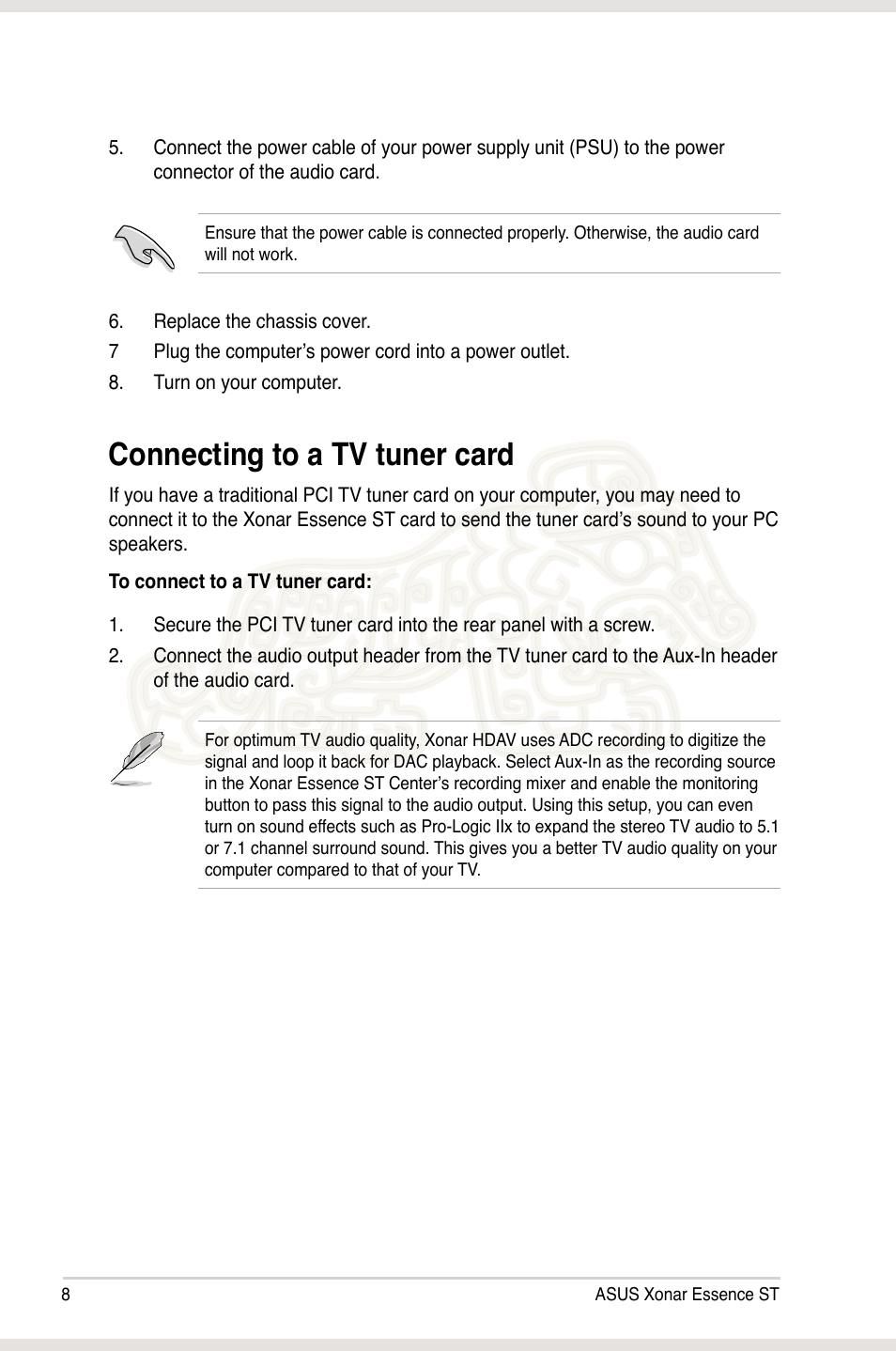 Connecting to a tv tuner card | Asus Xonar Essence ST User Manual | Page 15 / 53