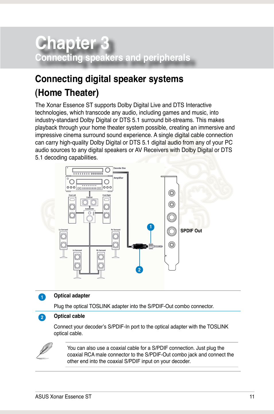 Chapter 3: connecting speakers and peripherals, Connecting digital speaker systems (home theater), Chapter 3 | Connecting speakers and peripherals | Asus Xonar Essence ST User Manual | Page 18 / 53