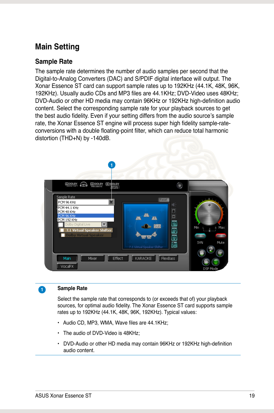 Main setting, Sample rate | Asus Xonar Essence ST User Manual | Page 26 / 53