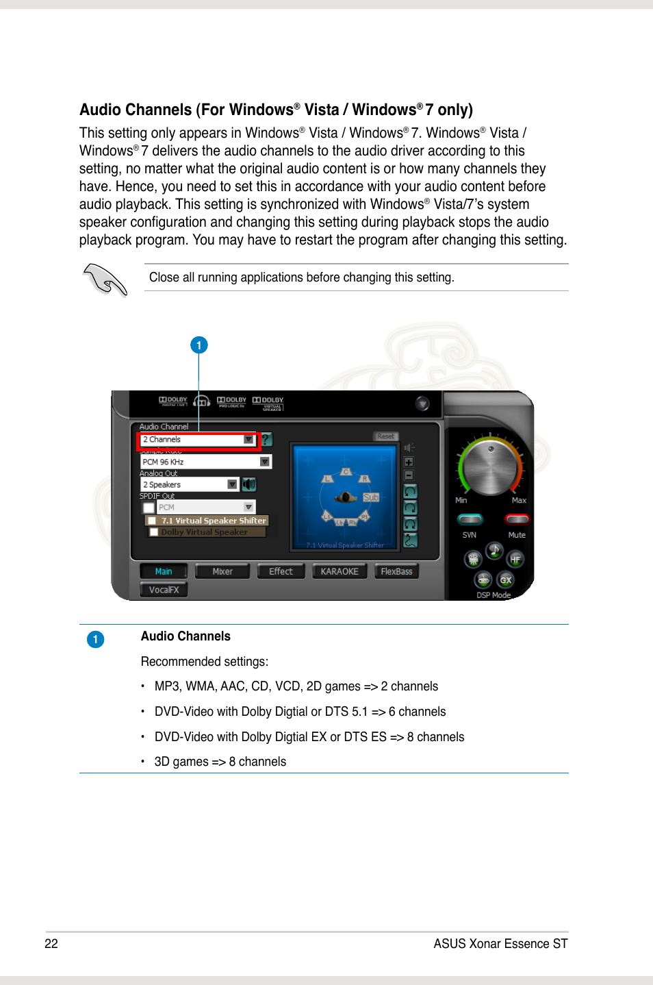 Audio channels (for windows, Vista / windows, 7 only) | Asus Xonar Essence ST User Manual | Page 29 / 53
