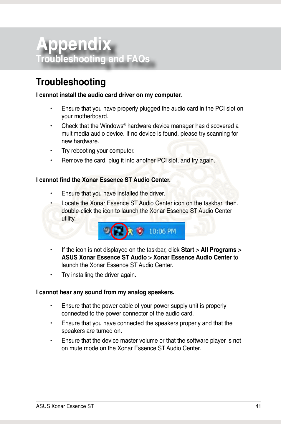 Appendix: troubleshooting and faqs, Troubleshooting, Appendix | Troubleshooting and faqs | Asus Xonar Essence ST User Manual | Page 48 / 53