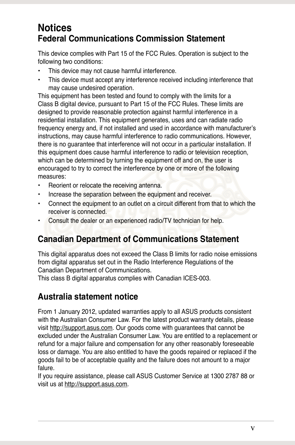 Notices, Federal communications commission statement, Canadian department of communications statement | Australia statement notice | Asus Xonar Essence ST User Manual | Page 5 / 53