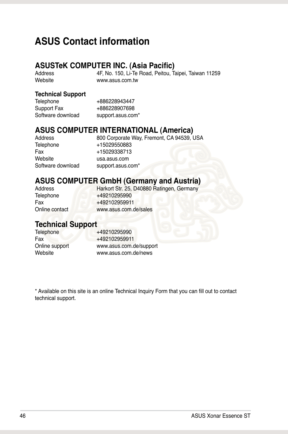 Asus contact information, Asustek computer inc. (asia pacific), Asus computer international (america) | Asus computer gmbh (germany and austria), Technical support | Asus Xonar Essence ST User Manual | Page 53 / 53