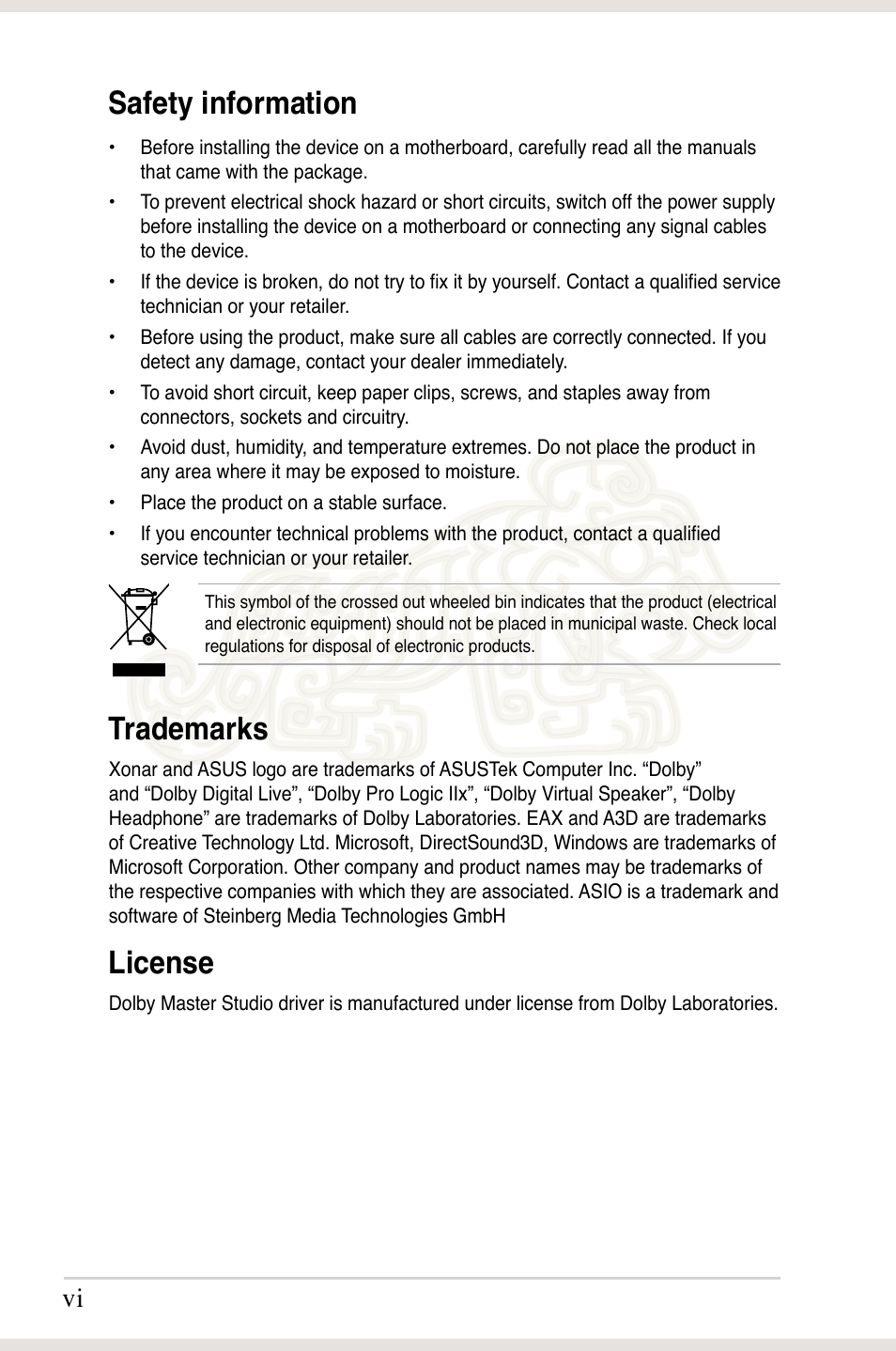 Safety information, Trademarks, License | Asus Xonar Essence ST User Manual | Page 6 / 53