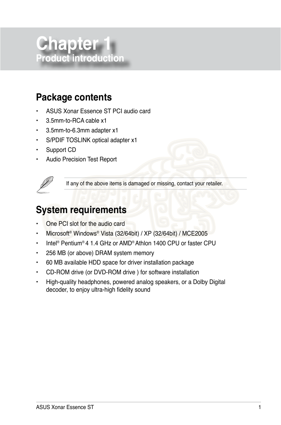 Chapter 1: product introduction, Package contents, System requirements | Chapter 1, Package contents system requirements, Product introduction | Asus Xonar Essence ST User Manual | Page 8 / 53