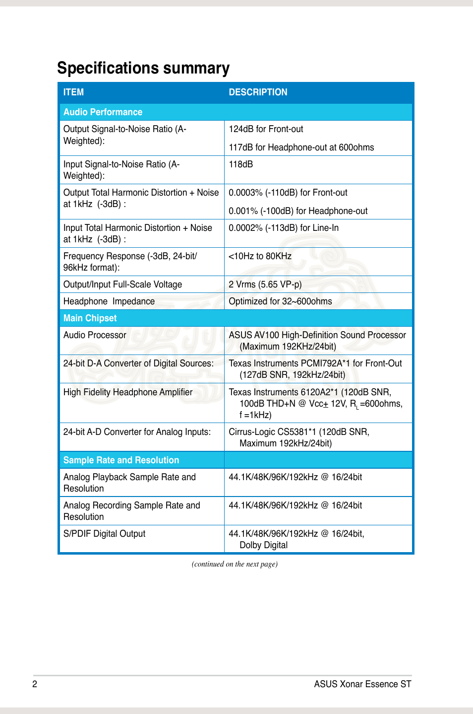 Specifications summary | Asus Xonar Essence ST User Manual | Page 9 / 53