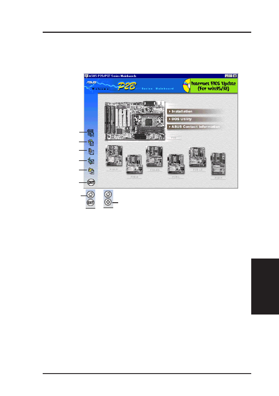 Software setup, 1 support cd main menu (windows 98), Navigation button descriptions | Asus P2B-N User Manual | Page 65 / 120