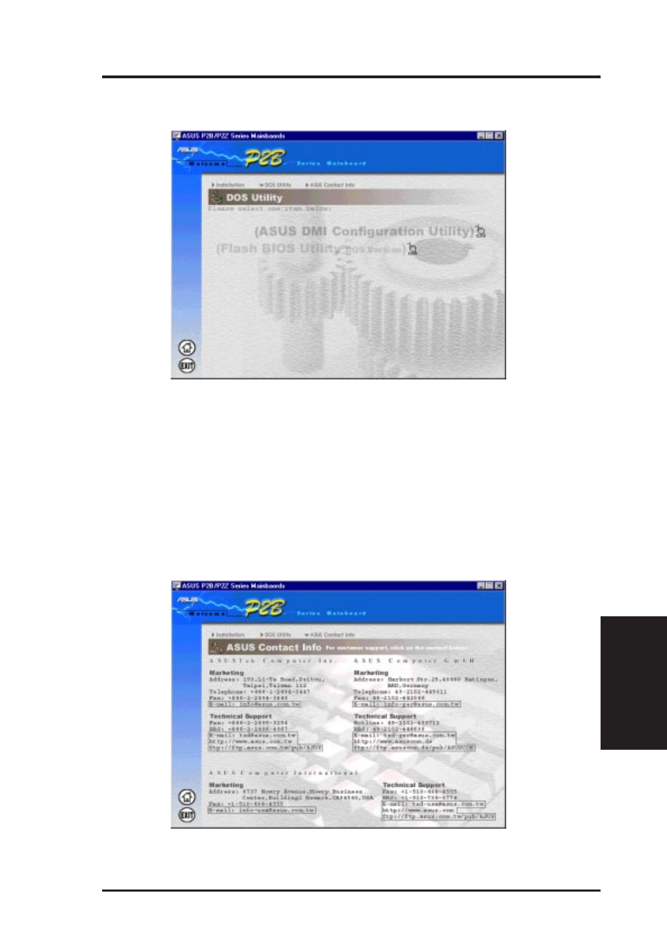 Software setup, 2 dos utility submenu, 3 asus contact information | Asus P2B-N User Manual | Page 67 / 120