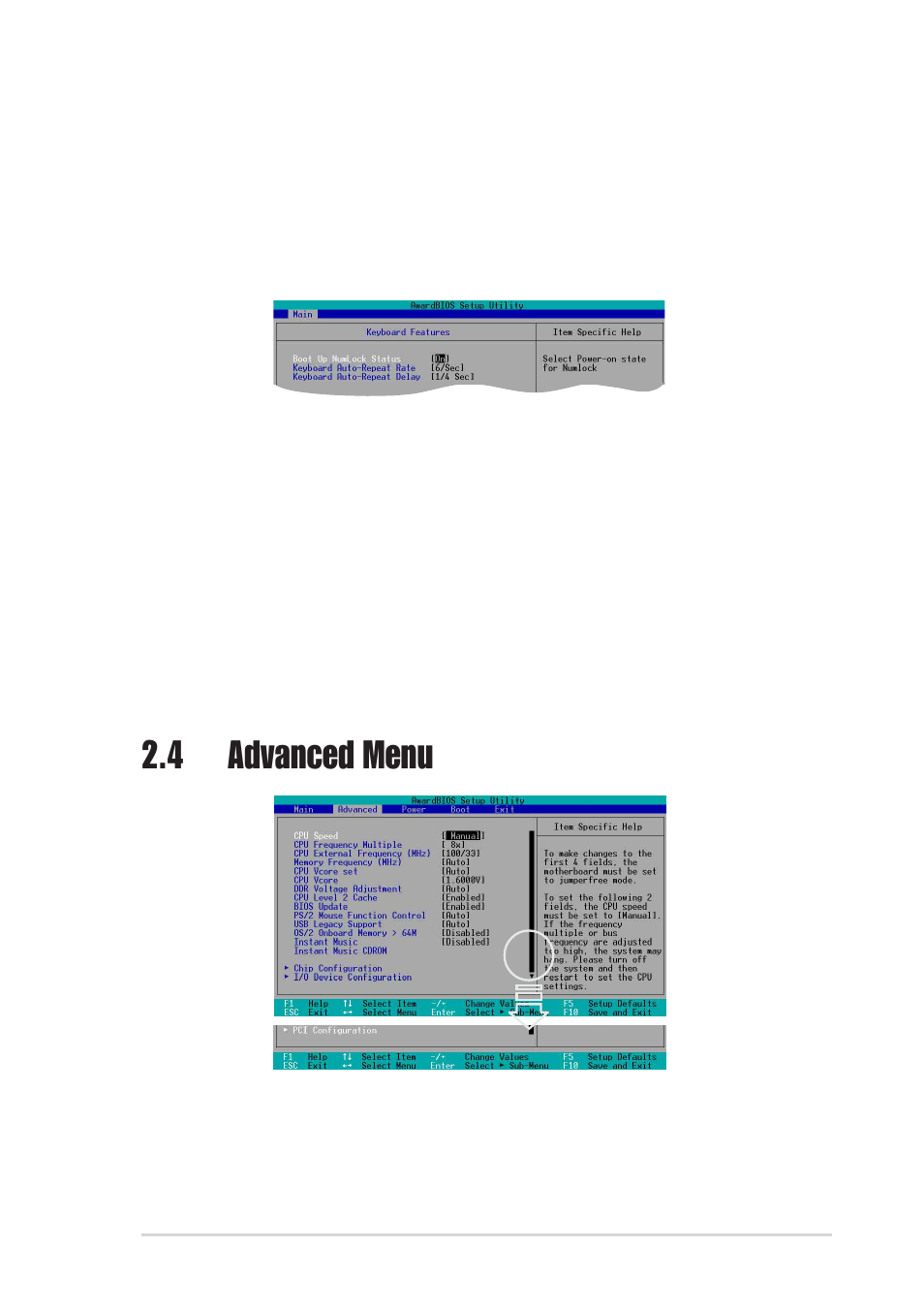 4 advanced menu, 2 keyboard features | Asus P4S800-X User Manual | Page 47 / 64