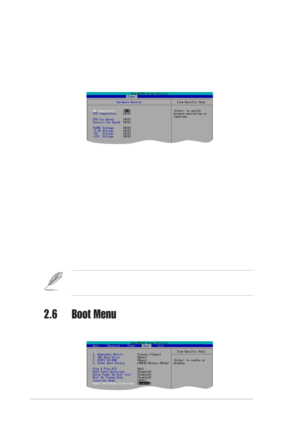 6 boot menu, 2 hardware monitor | Asus P4S800-X User Manual | Page 56 / 64