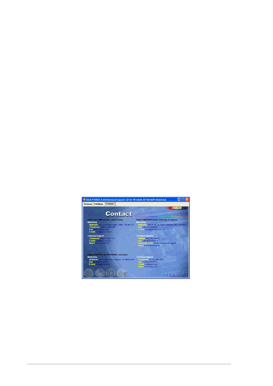 4 asus contact information, Asus update, Pc-cillin | Acrobat reader, Asus screen saver | Asus P4S800-X User Manual | Page 62 / 64