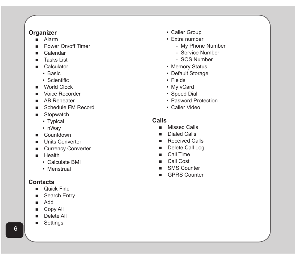 6organizer, Contacts, Calls | Asus Z801 User Manual | Page 10 / 84