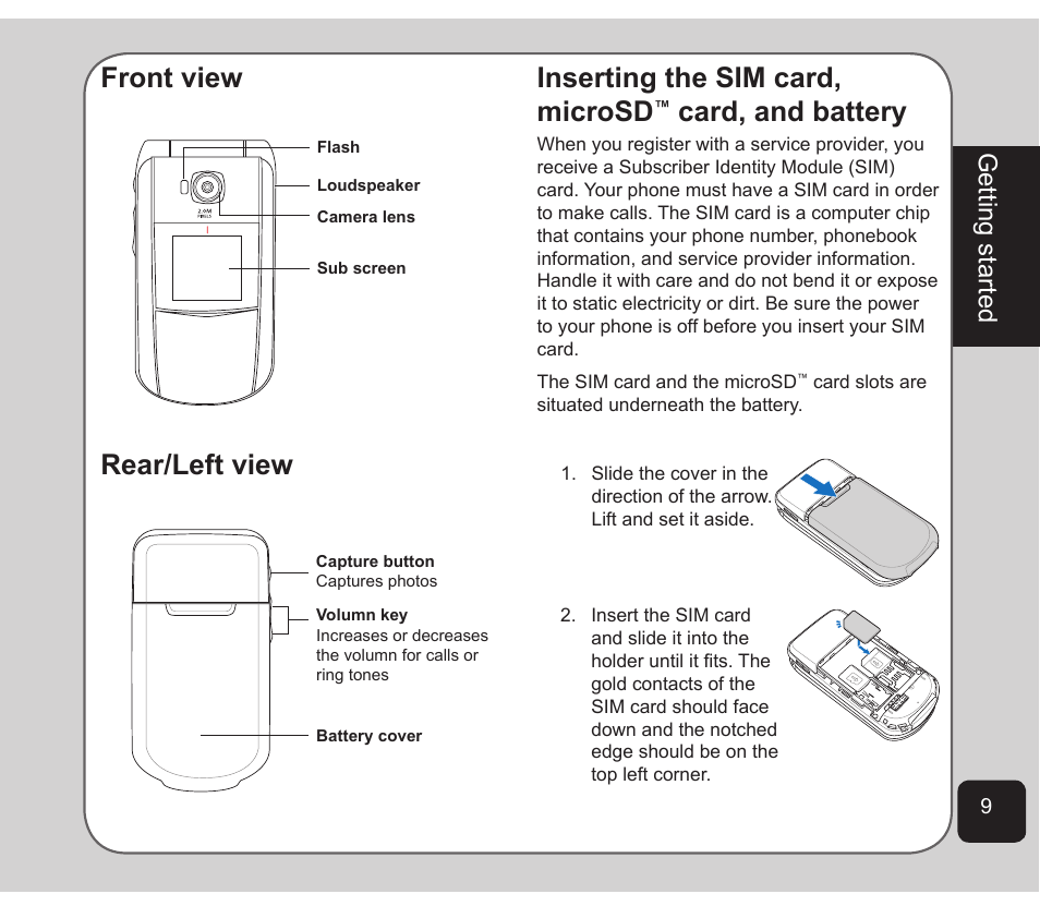 Front view, Rear/left view, Inserting the sim card, microsd™ card, and battery | Front view rear/left view, Inserting the sim card, microsd, Card, and battery, Getting started | Asus Z801 User Manual | Page 13 / 84