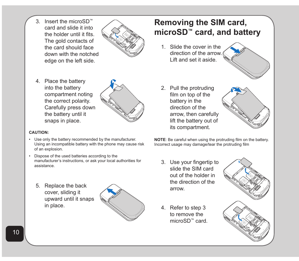 Removing the sim card, microsd™ card, and battery, Removing the sim card, microsd, Card, and battery | Asus Z801 User Manual | Page 14 / 84