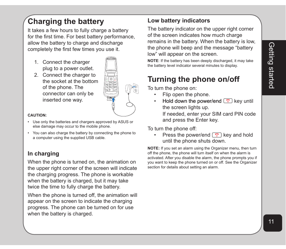 Charging the battery, Turning the phone on/off, Getting started | Asus Z801 User Manual | Page 15 / 84