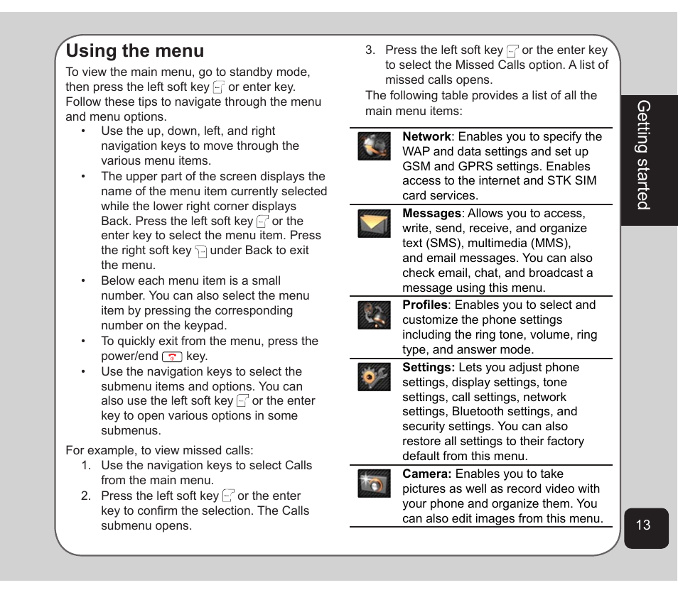 Using the menu, Getting started | Asus Z801 User Manual | Page 17 / 84