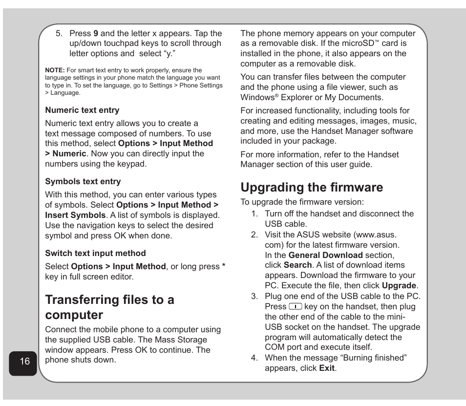 Transferring files to a computer, Upgrading the firmware | Asus Z801 User Manual | Page 20 / 84
