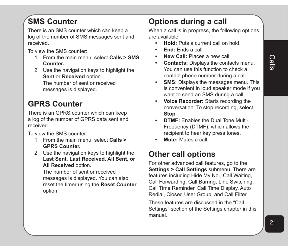 Sms counter, Gprs counter, Options during a call | Other call options, Calls | Asus Z801 User Manual | Page 25 / 84