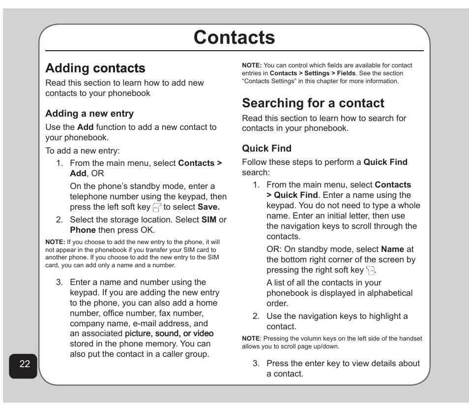 Contacts, Adding contacts, Searching for a contact | Adding contacts contacts | Asus Z801 User Manual | Page 26 / 84