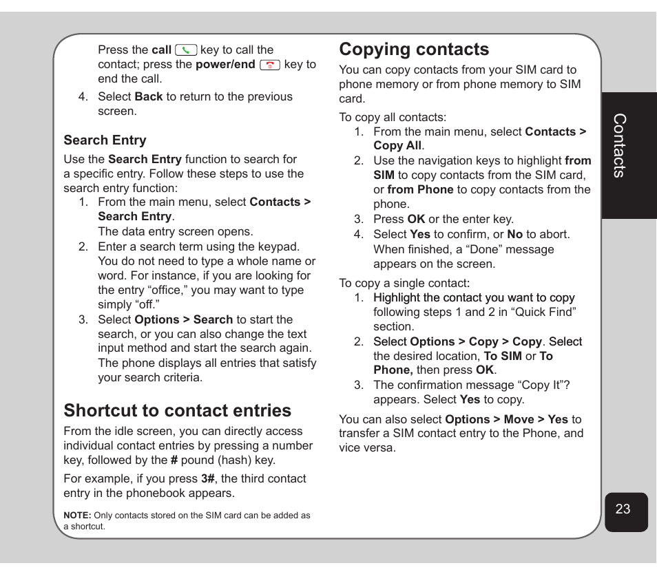 Shortcut to contact entries, Copying contacts, Contacts | Asus Z801 User Manual | Page 27 / 84