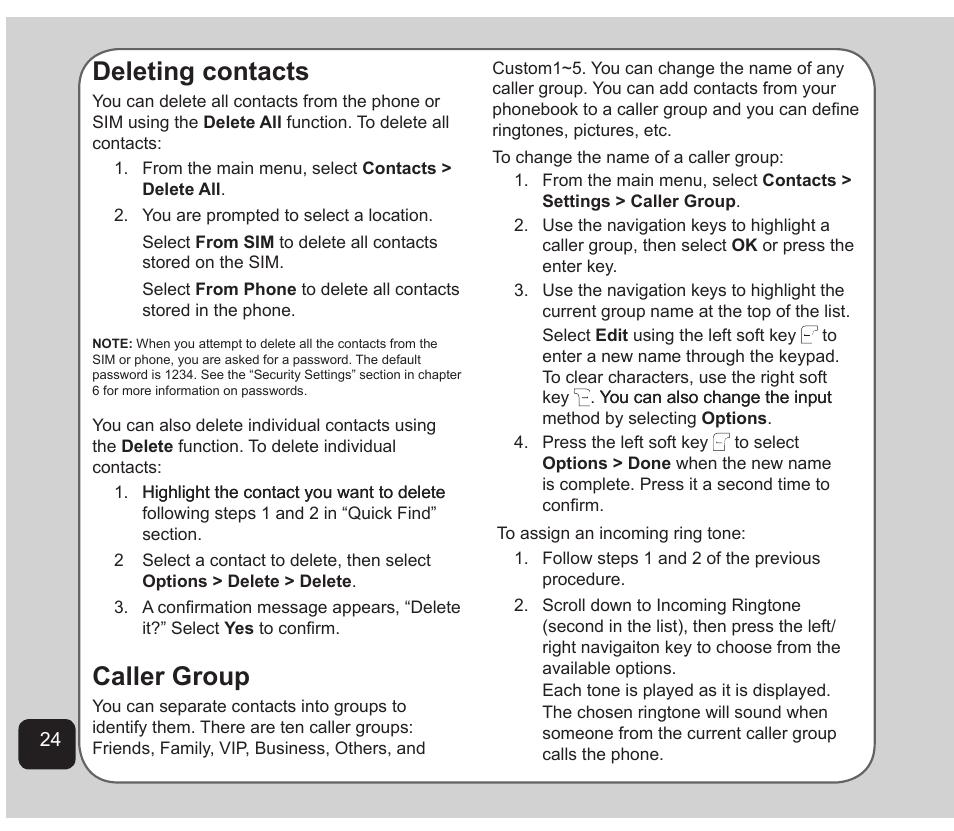 Deleting contacts, Caller group | Asus Z801 User Manual | Page 28 / 84